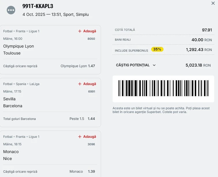 Bilet pariu șansă Superbet 05.10.2025