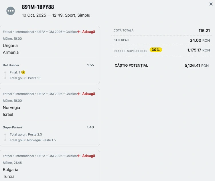 Bilet pariu șansă Superbet 11 octombrie 2025