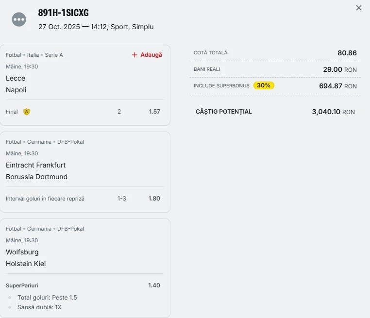 Bilet pariu șansă Superbet 28 octombrie 2025