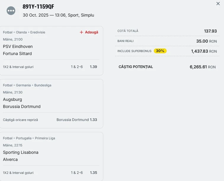 Bilet pariu șansă Superbet 31.10.2025