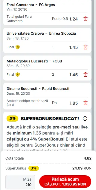 Biletul Etapei a 13-a Superliga ne aduce un câștig de peste 1.000 lei și 26 lei Freebet!