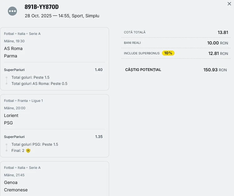 Biletul zilei din Superpariuri 29.10.2025