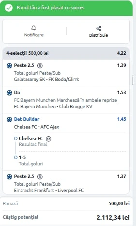 Biletul zilei azi din Champions League 22.10.2025