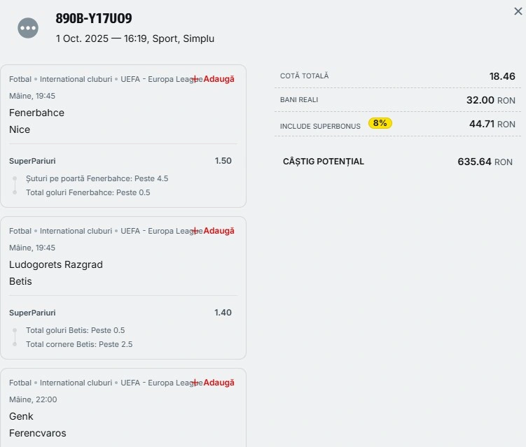 Biletul zilei azi din Europa League 02.10.2025