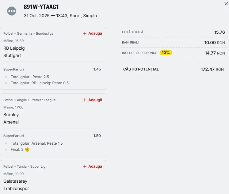 Biletul zilei din fotbal 01.11.2025