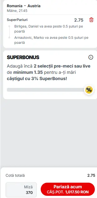 Biletul Zilei Superbet pe România - Austria