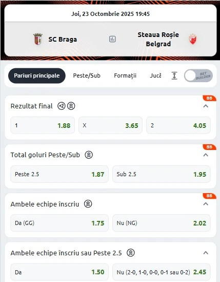 Cote pariuri Braga vs Steaua Roșie