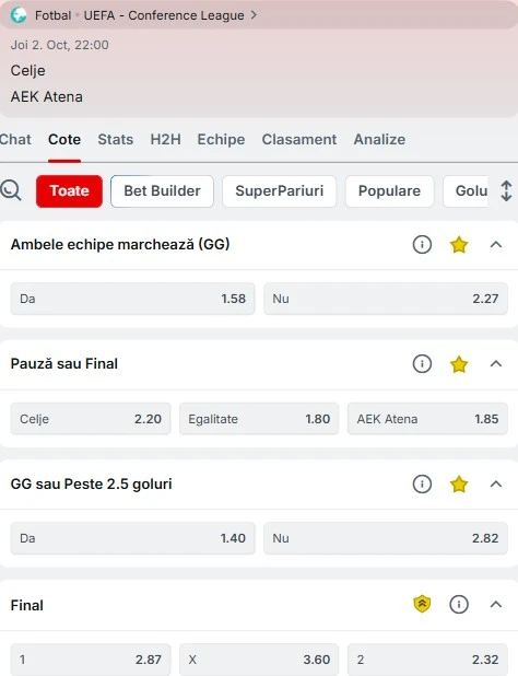 Cote pariuri Celje vs AEK Atena
