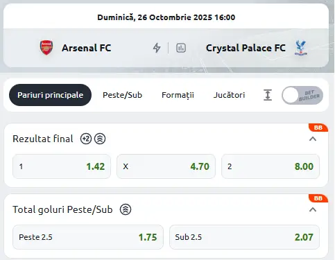 Cote Pariuri Arsenal - Crystal Palace la Betano