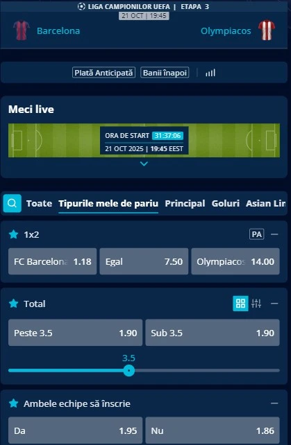 Cote pariuri Barcelona - Olympiakos de la Mr Bit