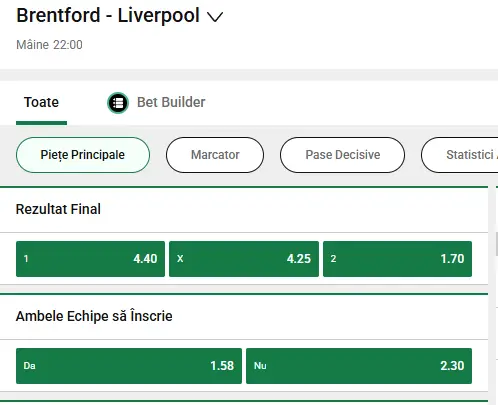 Cote pariuri Brentford vs Liverpool la Unibet