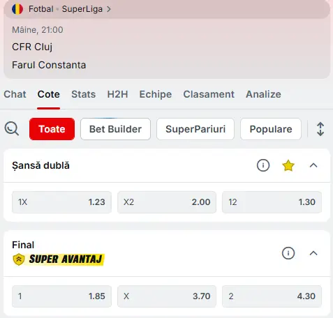 Cote Pariuri CFR Cluj - Farul Constanța la Superbet