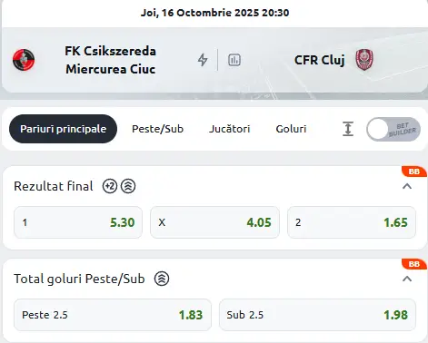 Cote pariuri Csikszereda - CFR Cluj la Betano