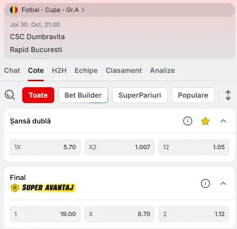 Cote Pariuri Dumbrăvița vs Rapid la Superbet