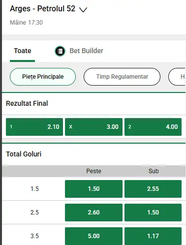 Cote Pariuri FC Argeș - Petrolul Ploiești la Unibet
