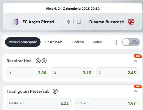 Cote Pariuri FC Argeș vs Dinamo la Betano