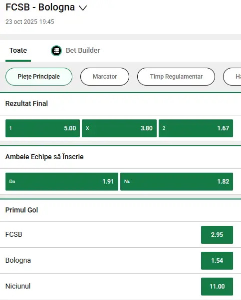 Cote Pariuri FCSB - Bologna oferite de Unibet