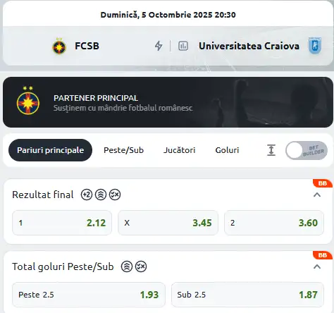 Cote Pariuri FCSB vs Universitatea Craiova oferite de Betano