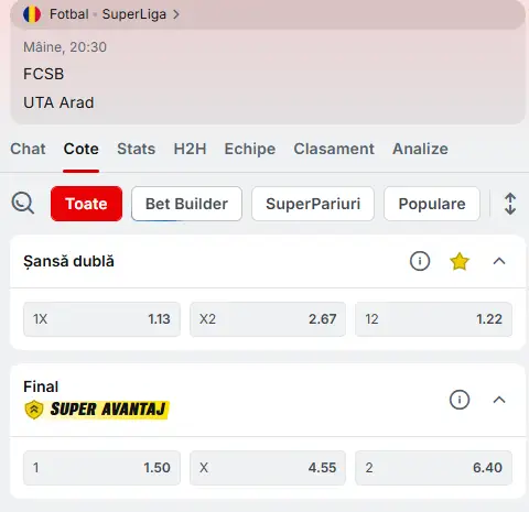 Cote Pariuri FCSB vs UTA Arad la Superbet