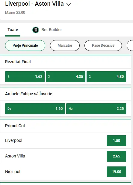 Cote Pariuri Liveprool vs Aston Villa oferite de Unibet