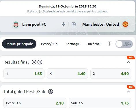 Cote Pariuri Liverpool vs Manchester United la Betano