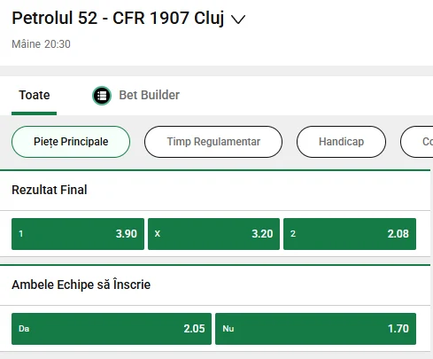 Cote Pariuri Petrolul Ploiești - CFR Cluj la Unibet