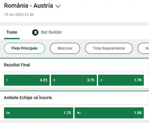 Cote Pariuri România - Austria la Unibet