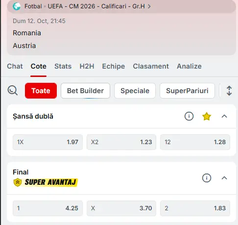 Cote Pariuri România - Austria oferite de Superbet