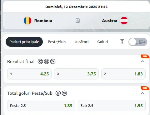 Cote Pariuri România vs Austria la Betano