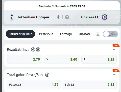 Cote Pariuri Tottenham vs Chelsea la Betano
