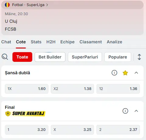 Cote pariuri U Cluj vs FCSB oferite de Superbet