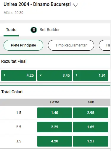 Cote Pariuri Unirea Slobozia vs Dinamo București oferite de Unibet