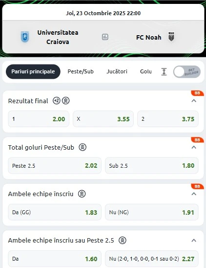 Cote pariuri Universitatea Craiova - Noah oferite de Betano
