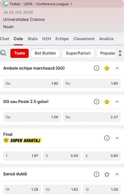 Cote pariuri Universitatea Craiova - Noah de la Superbet