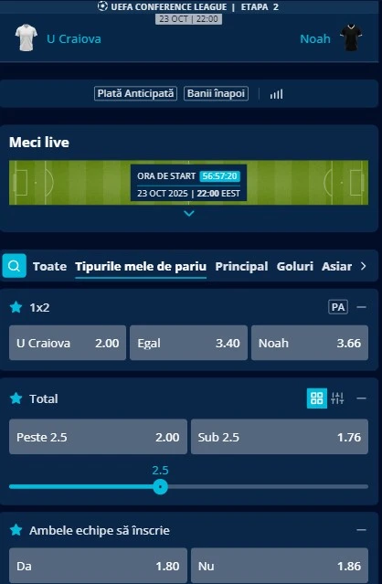 Cote pariuri Universitatea Craiova - Noah la Mr Bit