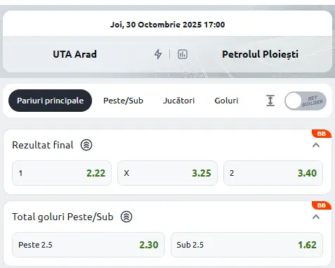 Cote Pariuri UTA Arad vs Petrolul Ploiești la Betano