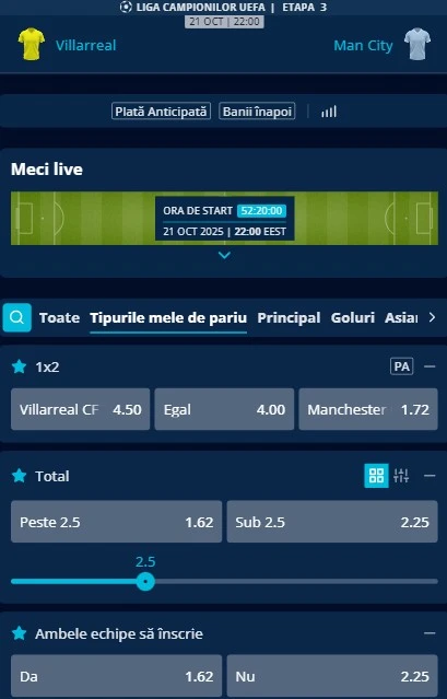 Cote pariuri Villarreal - Manchester City la Mr Bit
