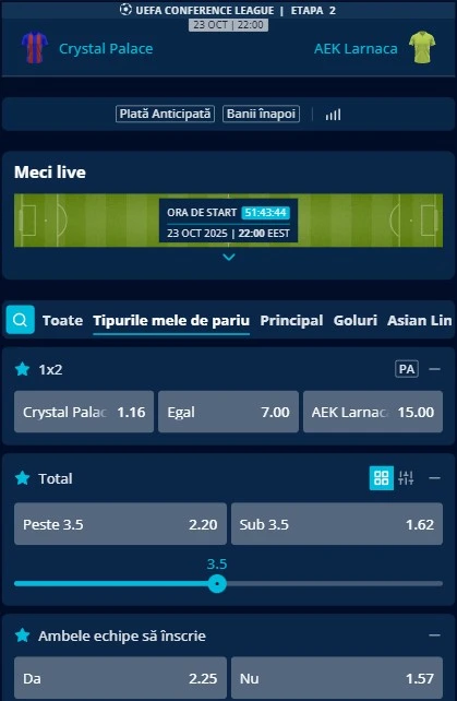 Cote pariuri Crystal Palace - AEK Larnaca