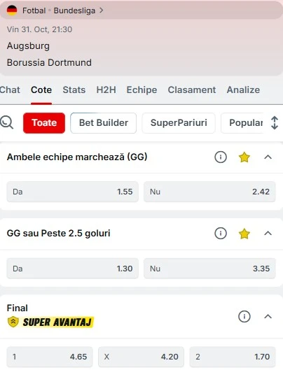Cote pariuri FC Augsburg vs Dortmund