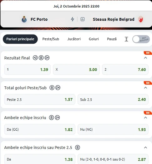 Cote pariuri FC Porto - Steaua Roșie