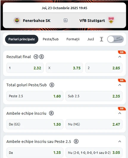 Cote pariuri Fenerbahce vs Stuttgart
