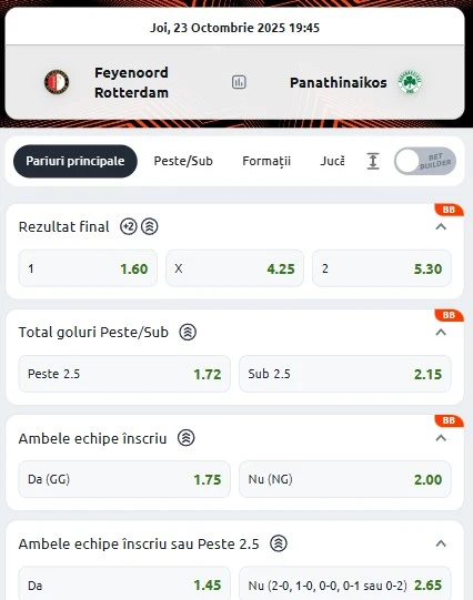 Cote pariuri Feyenoord - Panathinaikos