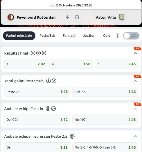 Cote pariuri Feyenoord vs Aston Villa
