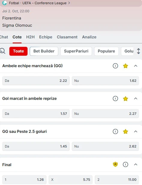 Cote pariuri Fiorentina - Sigma Olomouc