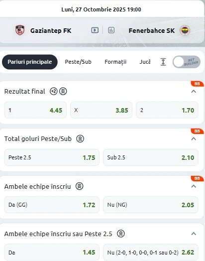 Cote pariuri Gaziantep vs Fenerbahce