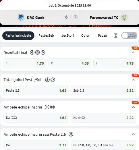 Cote pariuri Genk - Ferencvaros