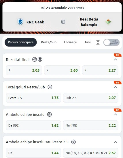 Cote pariuri Genk vs Betis