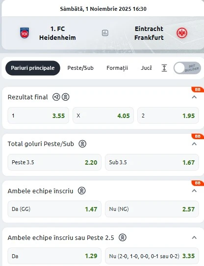 Cote pariuri Heidenheim - Frankfurt