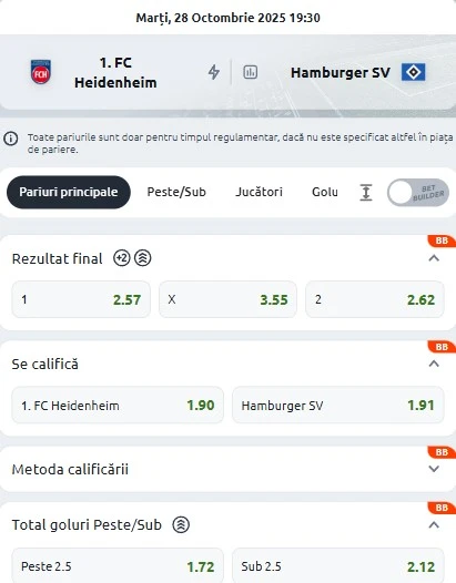 Cote pariuri Heidenheim - Hamburger SV