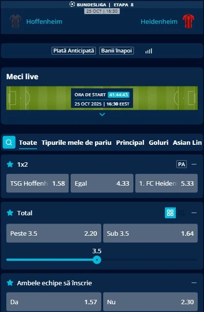 Cote pariuri Hoffenheim vs Heidenheim